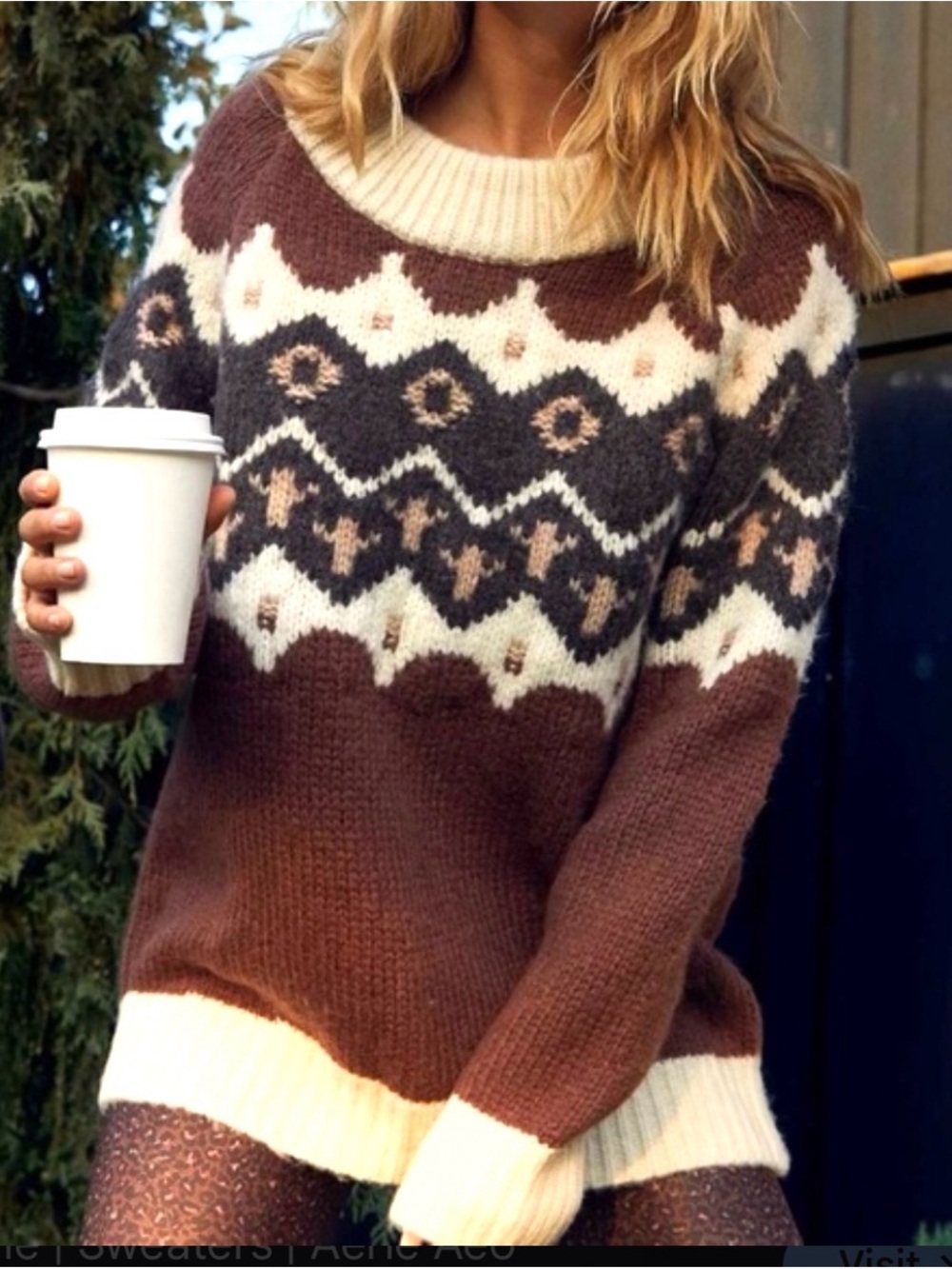 Aerie AEO Big Sky Brown & Cream Fair Isle Wool Blend Sweater Size Medium